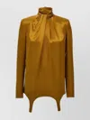 Saint Laurent Draped High Neck Satin Blouse In Gold