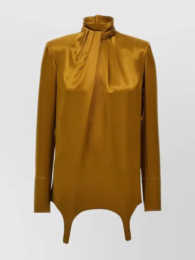 Saint Laurent Draped High Neck Satin Blouse In Gold