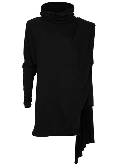 Saint Laurent Draped Hooded Wool Mini Dress In Black