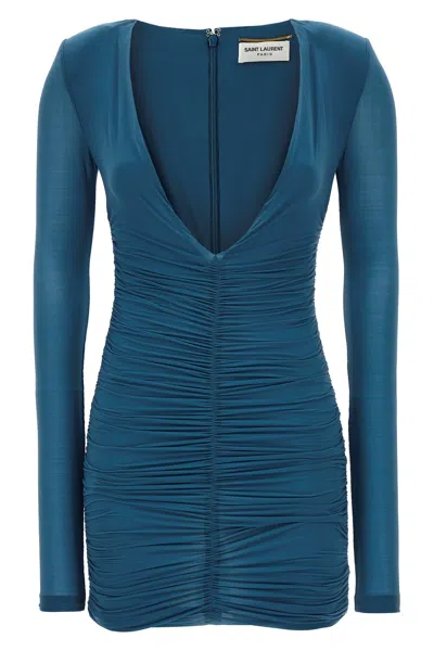 Saint Laurent Ruched V-neck Mini Dress In Blue