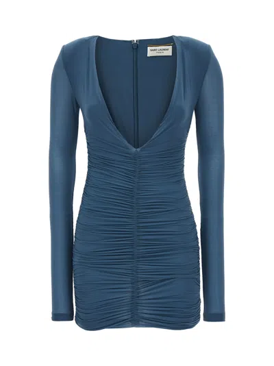 Saint Laurent Draped Jersey Dress In Blue
