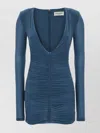 Saint Laurent Mini Blue Dress With V Neckline And Gathering Detail In Viscose Woman