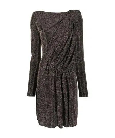 Saint Laurent Draped Metallic Padded-shoulder Dress In Black