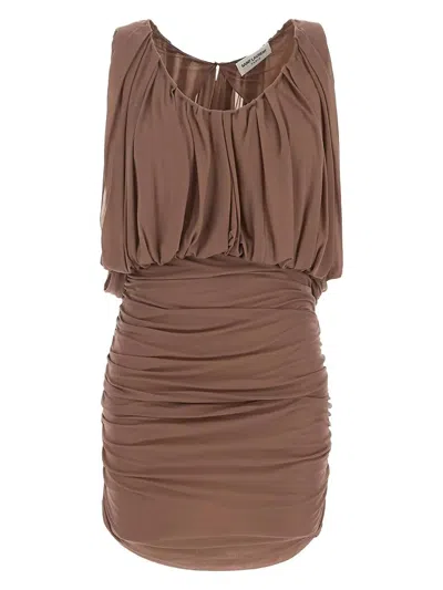 Saint Laurent Sleeveless Draped Mini Dress In Brown
