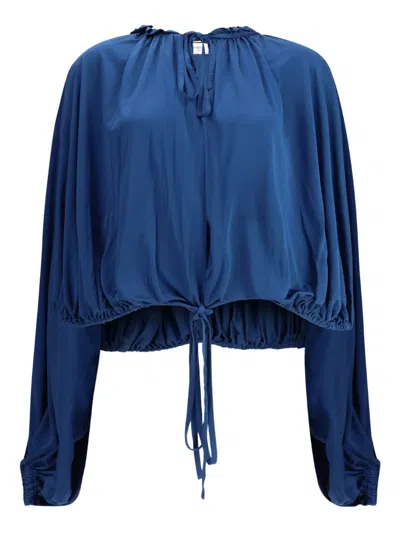 Saint Laurent Ruffled Satin-jersey Blouse In Blue
