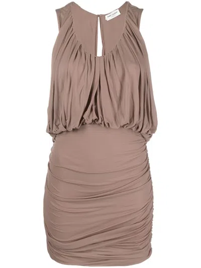 Saint Laurent Draped Ruched Minidress In Brown
