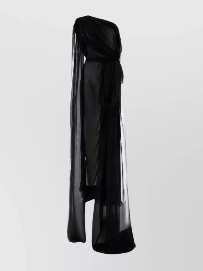 Saint Laurent Draped Sheer Sleeve Dress In Black