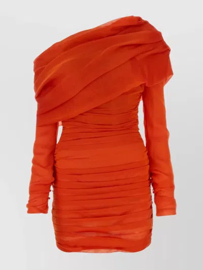 Saint Laurent Brick One-shoulder Mini-dress With All-over Ruching In Silk Muslin Woman In Red
