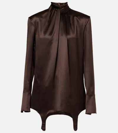 Saint Laurent Draped Silk Satin Blouse In Chocolat
