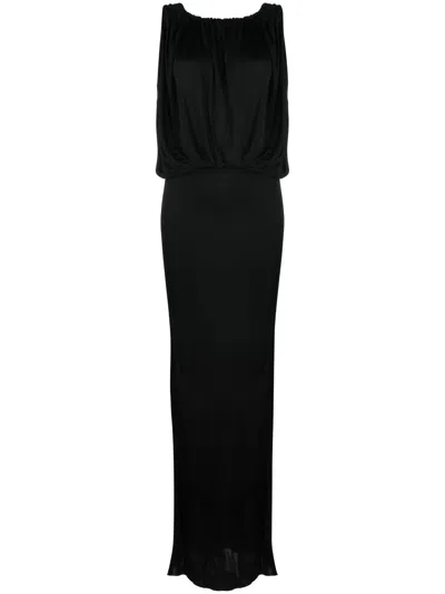 Saint Laurent Shoulder-baring Long Dress With Gathered Accents In Black