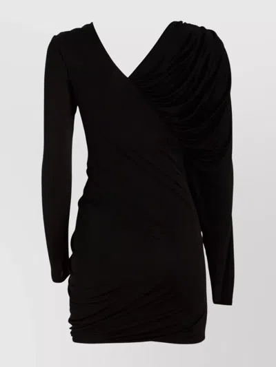 Saint Laurent Draped V-neckline Long Sleeves Asymmetric Dress In Black