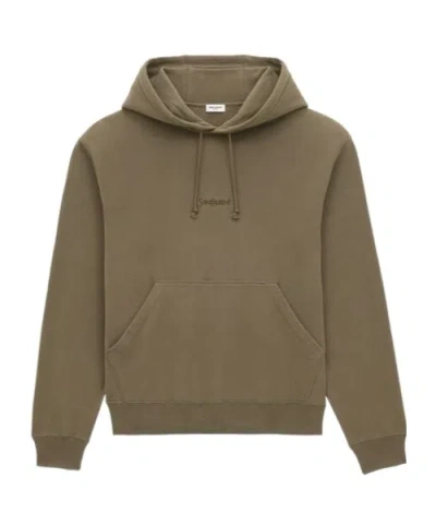 Saint Laurent Logo-embroidered Cotton-jersey Hoodie In Green