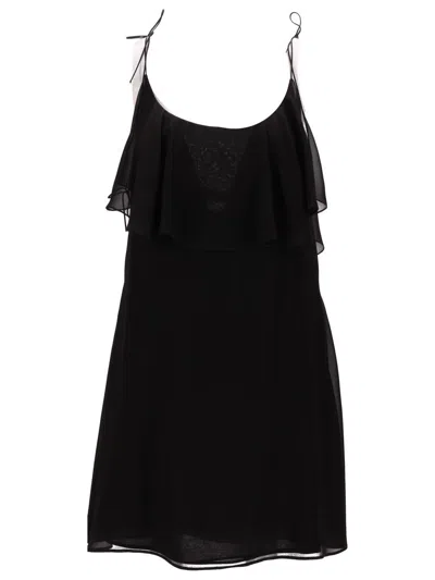 Saint Laurent Mini Dress Silk Spaghetti Straps Ruffle In Black