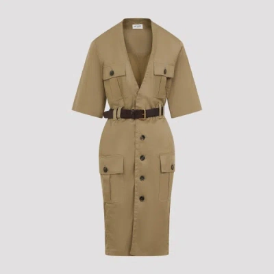 Saint Laurent Cotton Twill Midi Dress In Brown