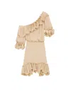 Saint Laurent Beige One-shoulder Dress With Asymmetric Neckline And Poet Sleeves In Silk Woman In Beige