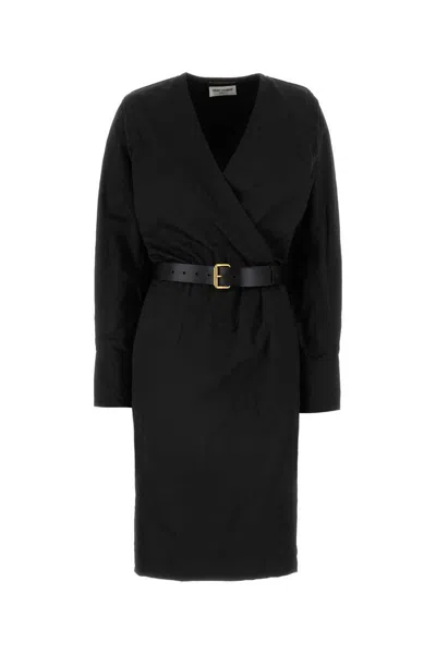Saint Laurent Belted Wrap Midi Dress In Black