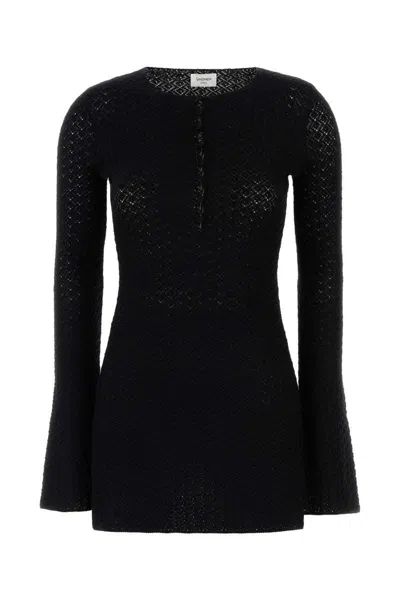 Saint Laurent Wool Crochet Mini Dress With Button Detailing In Black