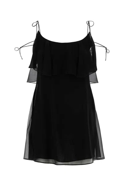 Saint Laurent Mini Dress Silk Spaghetti Straps Ruffle In Black
