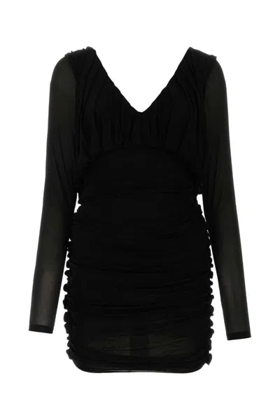 Saint Laurent Fitted Mini Dress With V-neck And Ruched Sheer Sleeves In Black