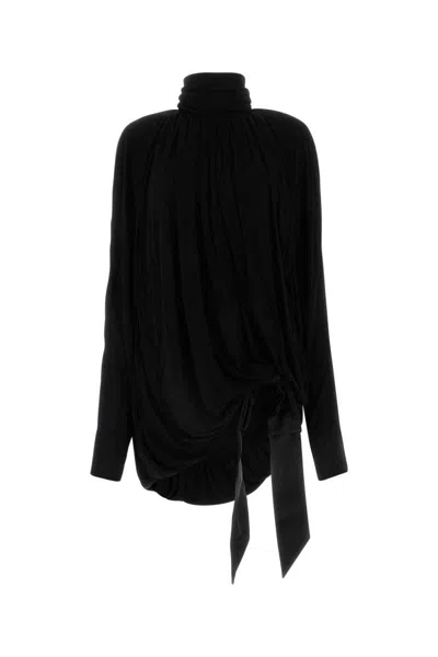 Saint Laurent Draped High Neck Blouse With Tie Detail In Black
