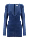 Saint Laurent Ruched V-neck Mini Dress In Blue