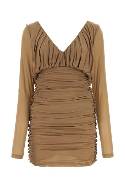 Saint Laurent Jersey V-neck Mini Dress With Ruched Sleeves In Brown