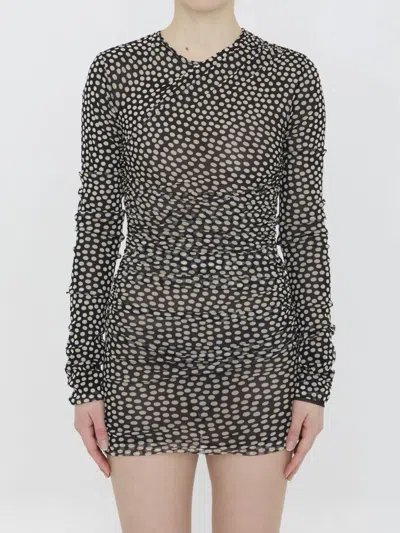 Saint Laurent Polka-dot Ruched Tulle Minidress In Noir Craie