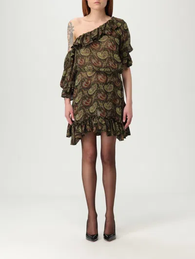 Saint Laurent One Shoulder Paisley Ruffle Dress In Red