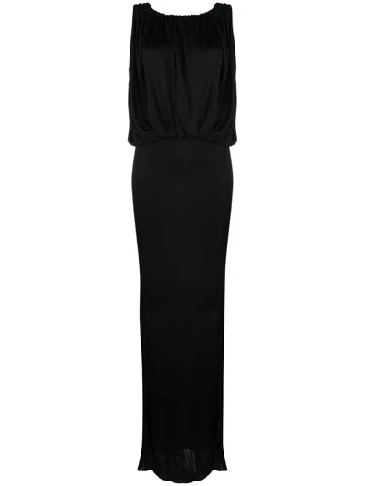 Saint Laurent Shoulder-baring Long Dress With Gathered Accents In Black
