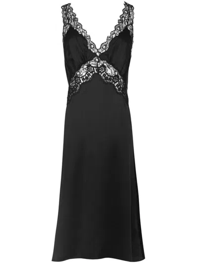 Saint Laurent Crepe Satin Night Dress W/ Lace Trim In Black