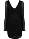 Saint Laurent Cupro Mini Dress With V Neckline And Sheer Sleeves In Black