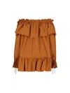 Saint Laurent Brown Ruffle Dress With Bare Shoulders In Cotton Twill Woman In Brown