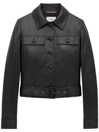 Saint Laurent Leather Cropped Jacket In Black