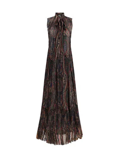 Saint Laurent Printed Silk Blend Long Dress In Brown