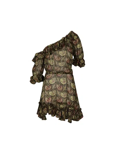 Saint Laurent One Shoulder Paisley Ruffle Dress In Red