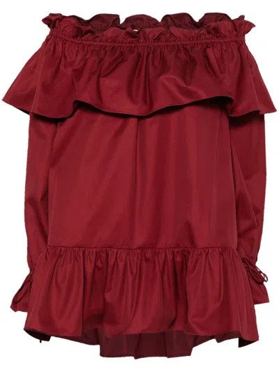 Saint Laurent Off-the-shoulder Ruffled Cotton-twill Mini Dress In Red