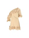 Saint Laurent Beige One-shoulder Dress With Asymmetric Neckline And Poet Sleeves In Silk Woman In Vintage Beige