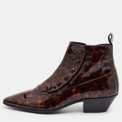 Pre-owned Saint Laurent Dylan Size 36 Brown Tortoiseshell Effect Patent Leather Ankle Length Boots