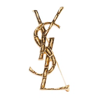 Saint Laurent Mini Monogram Brass Brooch In Gold