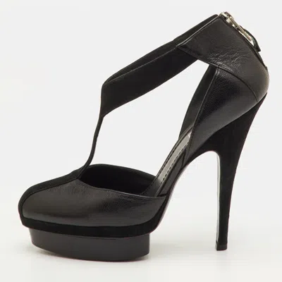 Pre-owned Saint Laurent Easy Y Size 38 Black Leather And Suede Platform Pumps