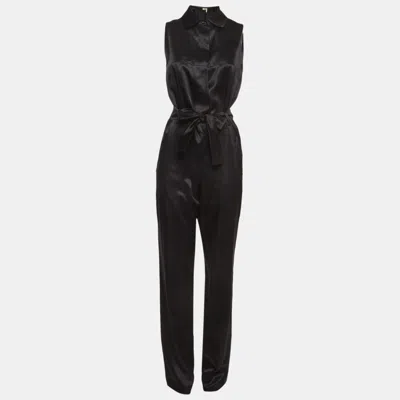 Pre-owned Saint Laurent Edition 24 Yves  Black Satin Belted Sleeveless Jumpsuit S