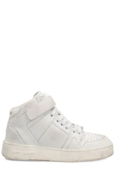 Saint Laurent Effortless Sophistication: Raffia And Canvas Lace-up Sneakers In White For Women