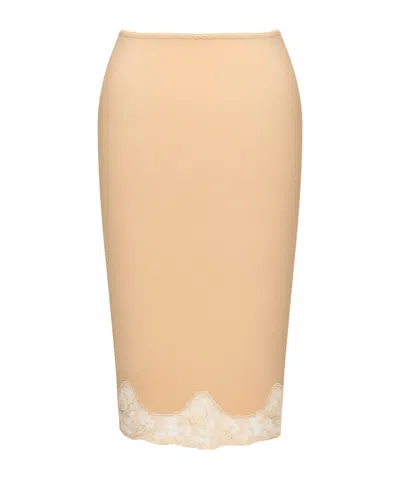 Saint Laurent Silk Midi Pencil Skirt Lace Trim In Neutral