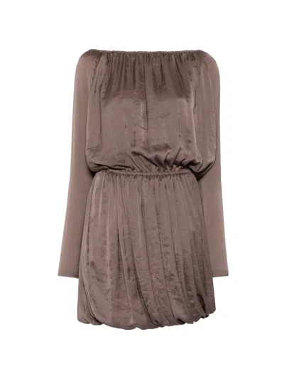 Saint Laurent Elasticated Long-sleeve Midi Dress In Brown