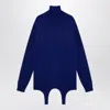 Saint Laurent High-neck Cashmere Mini Dress With Garter Attachment In Blue