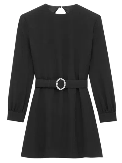 Saint Laurent Elegant Long-sleeved Mini Dress With Removable Belt In Black