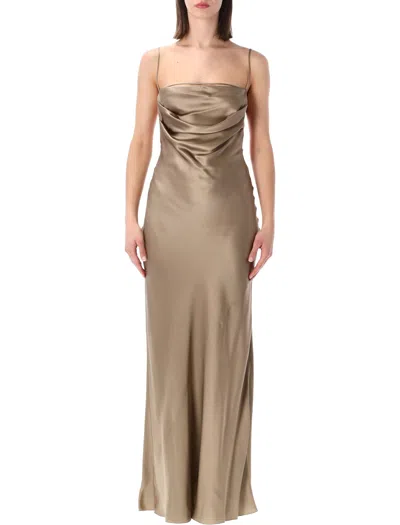 Saint Laurent Backless Cowl Silk Satin Dress In Brown