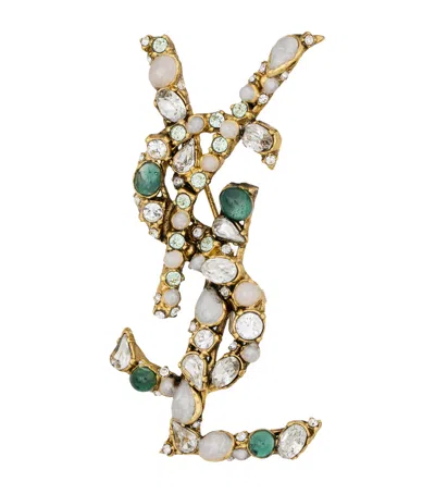 Saint Laurent Embellished Cassandre Brooch In White
