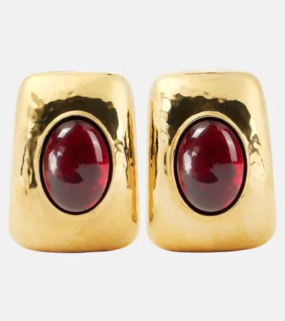 Saint Laurent Embellished Clip-on Earrings In Burgundy/brass Gold