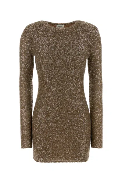 Saint Laurent Embellished Fabric Mini Dress In Brown